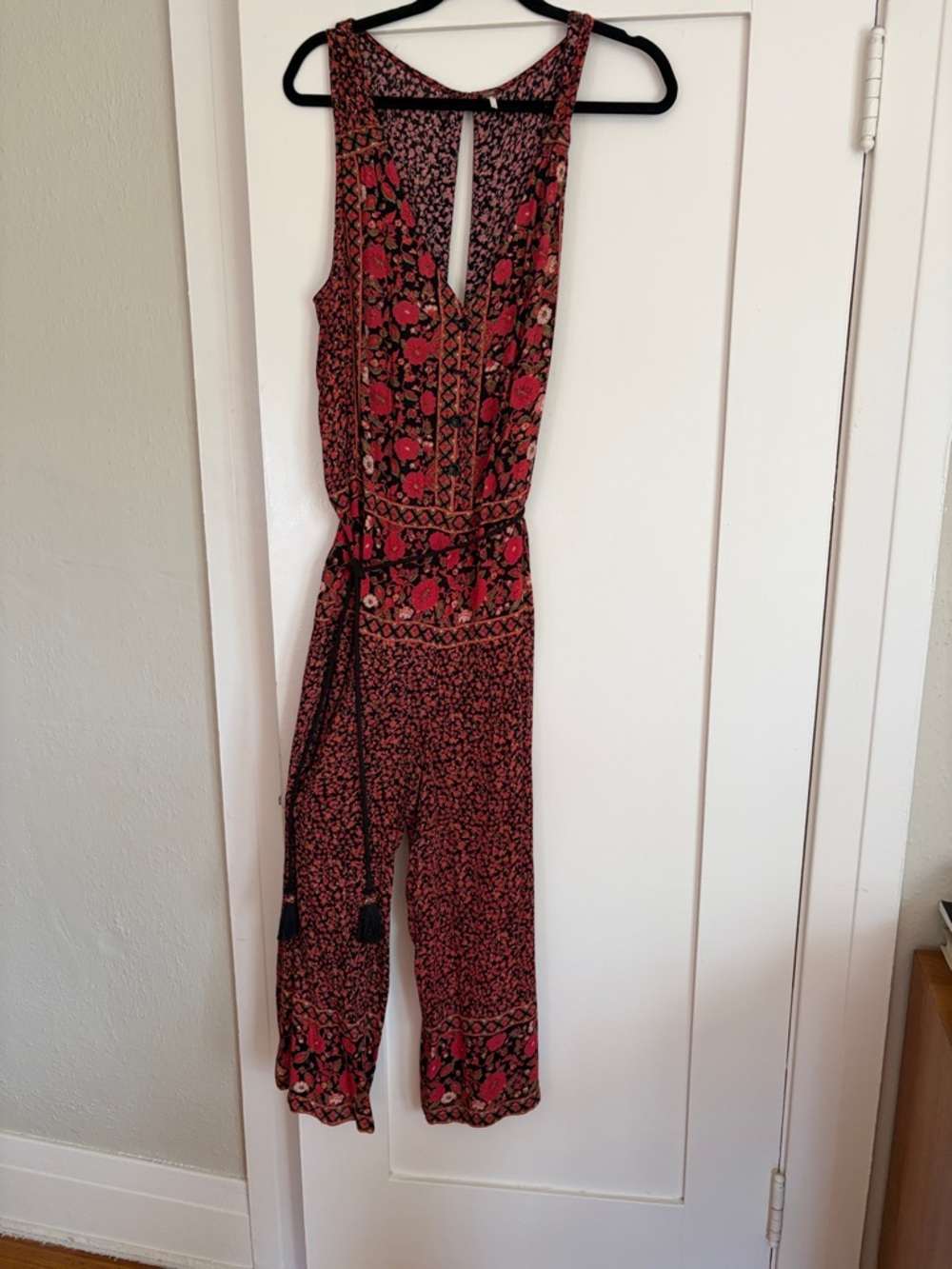 Free People Red Floral Sleeveless Jumpsuit with Tie Waist and Keyhole Back